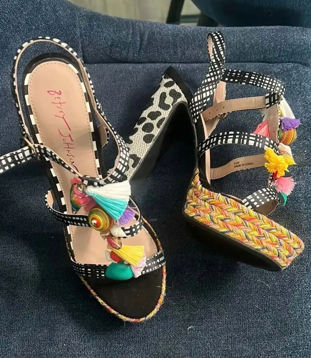 Betsey Johnson Marcyy Black White Gingham Shell Tassel Platform Heels Sandals